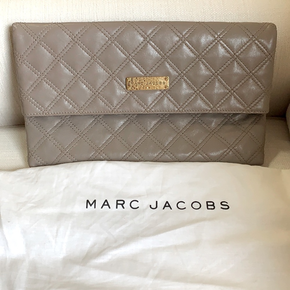 Marc Jacobs Quilted Taupe Leather Clutch with Gold Hardware